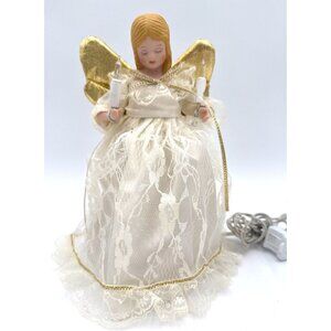 Lighted Porcelain Angel Christmas Tree Topper Cream with Gold Wings 9.5" Tall